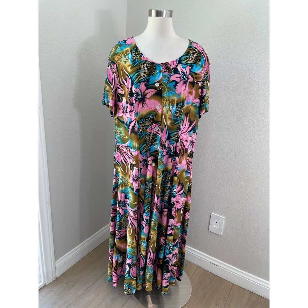 Vintage Jacqueline Studio Womens Plus 3X Floral Button Front Maxi Dress Stretch‎
